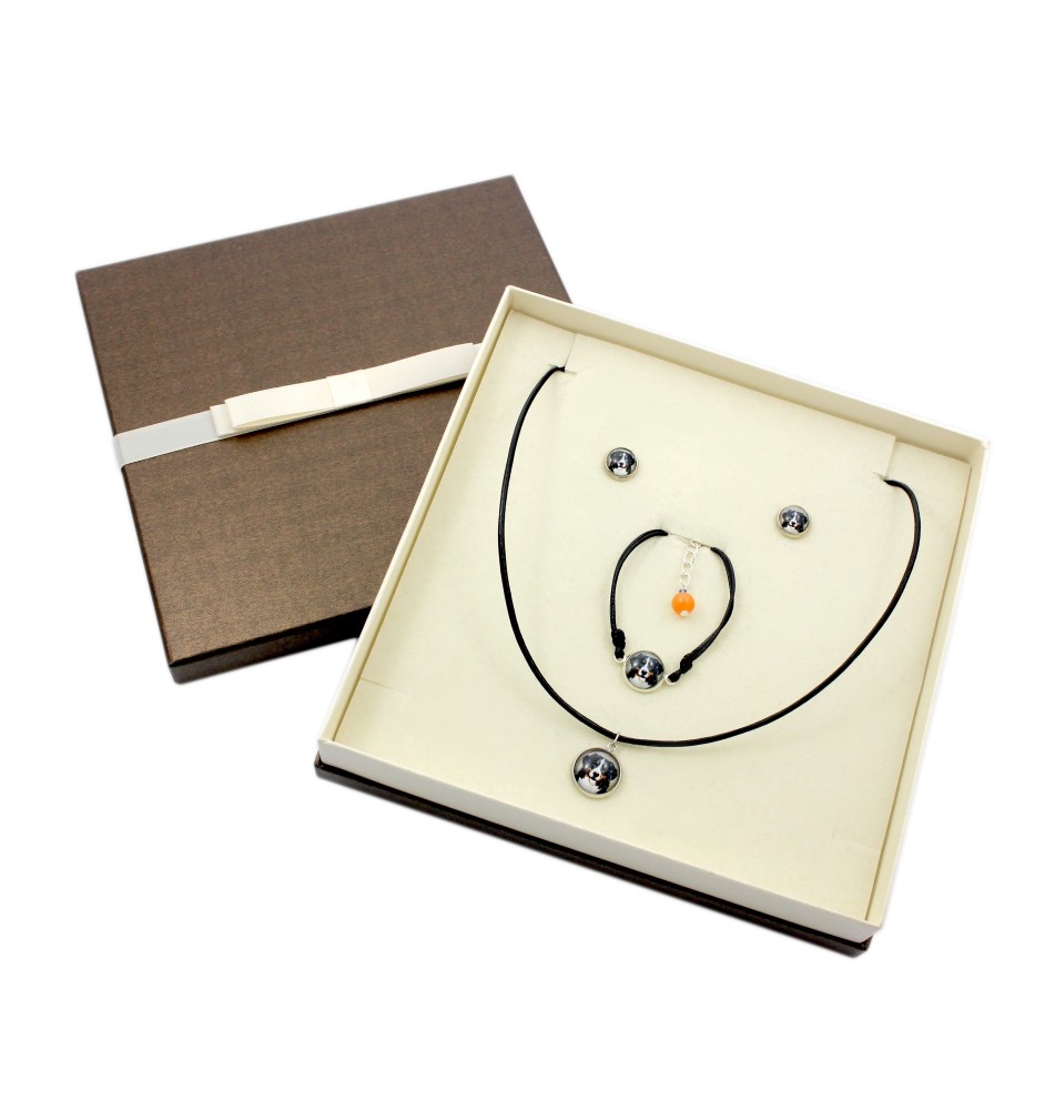 Berner Sennenhund, Dürrbächler, Bouvier bernois - Schmuckset in einer Schachtel, Halskette, Ohrringe, Armband, Produkte der Marke Art-Dog