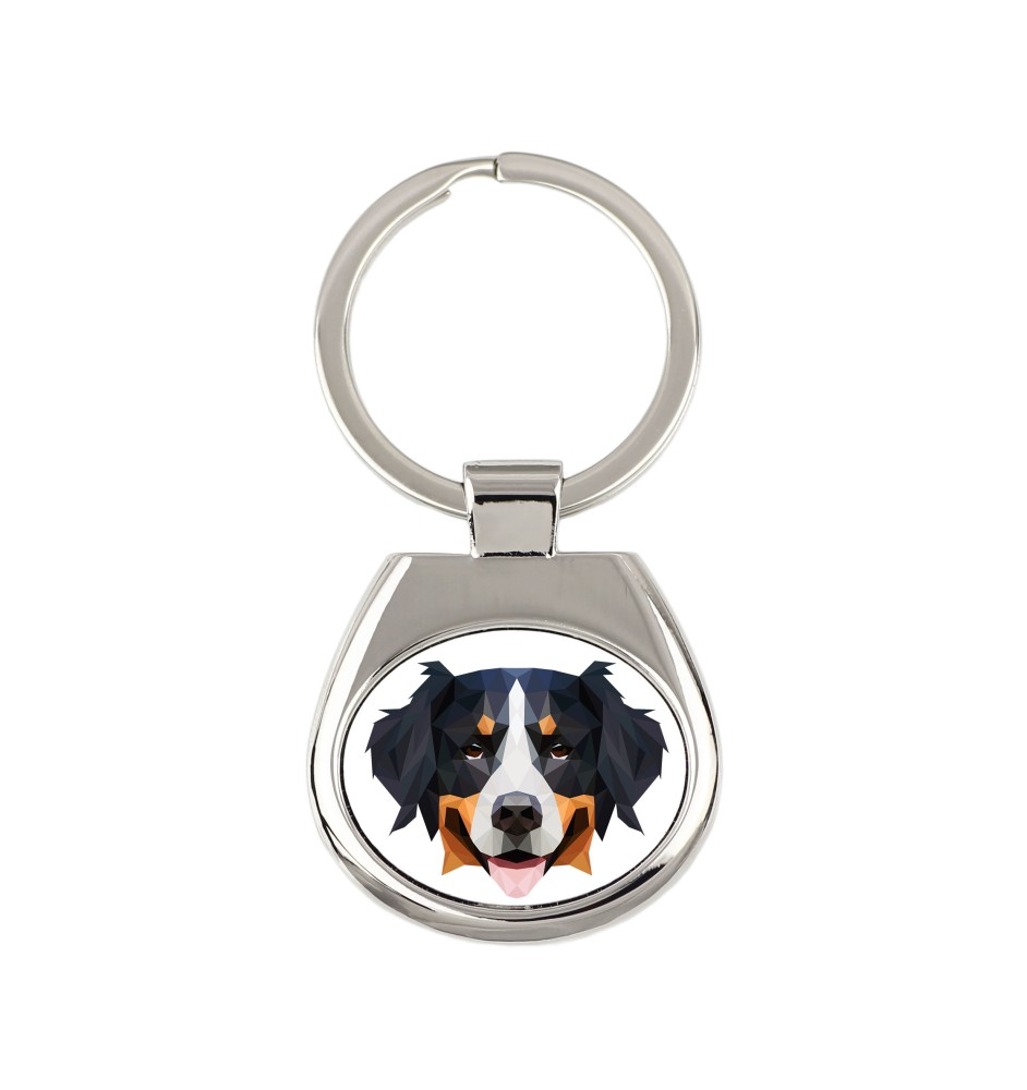 Berner Sennenhund, Dürrbächler, Bouvier bernois - geometrischer Schlüsselanhänger mit Foto und Aufschrift Art-Dog