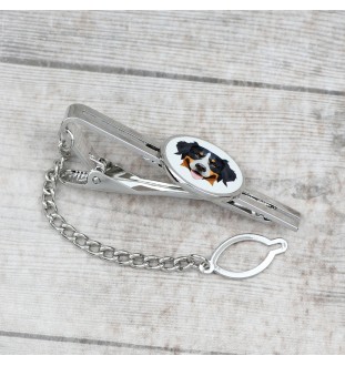 Berner Sennenhund, Dürrbächler, Bouvier bernois - geometrische Krawattennadel mit Bild und Schriftzug von Art-Dog