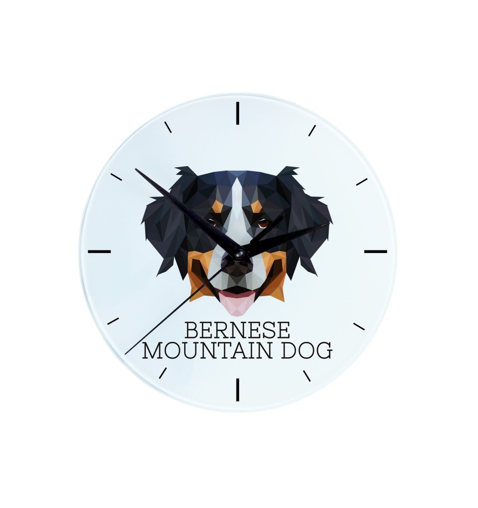 Berner Sennenhund, Dürrbächler, Bouvier bernois - geometrische Wanduhr mit Bild und Aufschrift der Marke Art-Dog