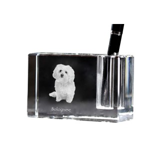 Bologneser, Bichon Bolognese - Stifthalter, Kristallorganizer mit Hundefoto, einzigartige Schreibtischdekoration der Marke Art-Dog