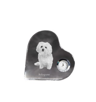 Bichon Bolognese, Bolo, Botoli, Bottolo - crystal clock with a dog picture, heart-shaped shelf clock, personalized standing clock by Art-Dog brand