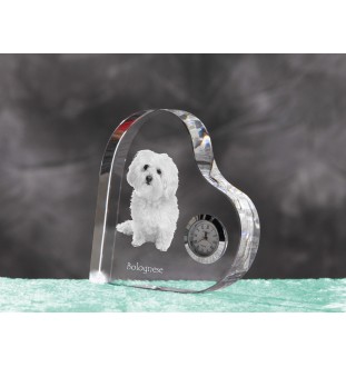 Bichon Bolognese, Bolo, Botoli, Bottolo - crystal clock with a dog picture, heart-shaped shelf clock, personalized standing clock by Art-Dog brand