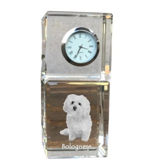 Bichon bolonais, Bolognese - montre en cristal avec photo, photo de chien dans un cristal, horloge de bureau personnalisée de la marque Art-Dog