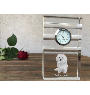 Bichon bolonais, Bolognese - une horloge en verre avec une photo, une photo de chien dans un cristal, une horloge de bureau personnalisée de la marque Art-Dog