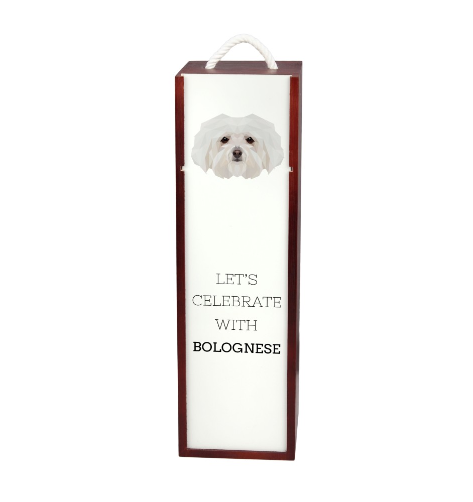 Bologneser, Bichon Bolognese - geometrische Box mit einem Bild und Schriftzug für Wein der Marke Art-Dog