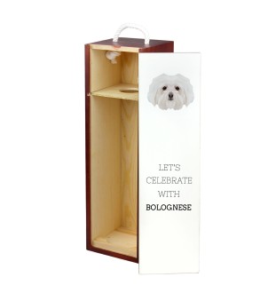 Bichon bolonais, Bolognese - une boîte géométrique avec une photo et un texte pour le vin de la marque Art-Dog