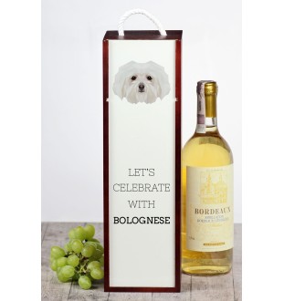 Bichon bolonais, Bolognese - une boîte géométrique avec une photo et un texte pour le vin de la marque Art-Dog
