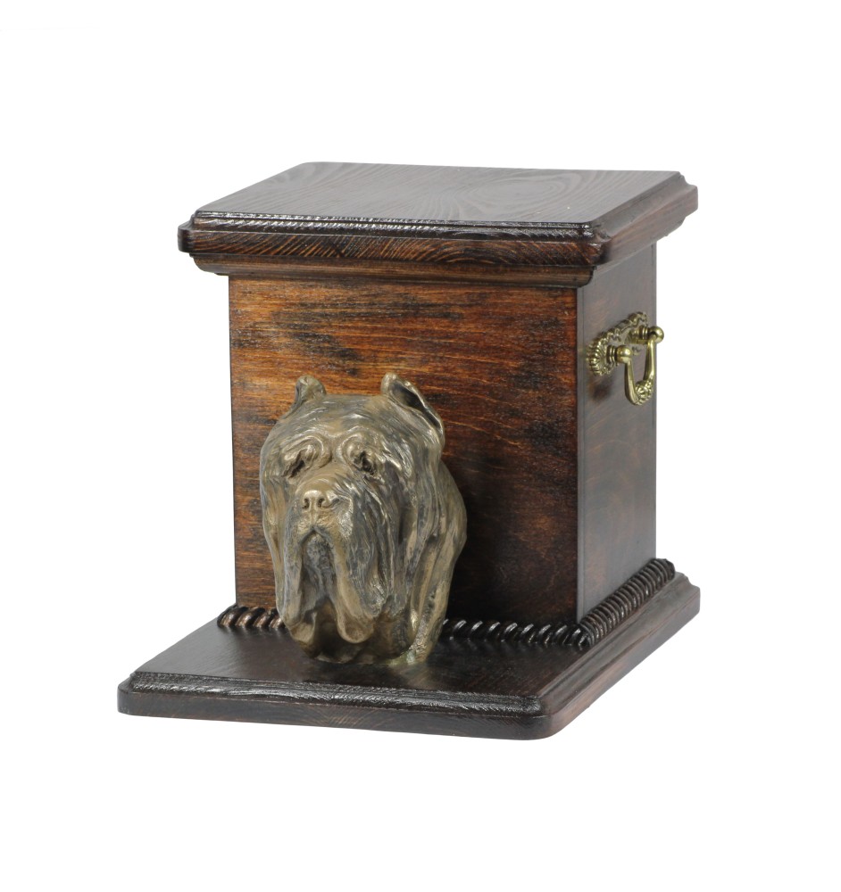 Mastino Napoletano, Neapolitanischer Mastiff - Eine Urne für die Asche eines Hundes mit einer Statuette, eine elegante Urne für einen Hund, eine außergewöhnliche Urne mit dem Porträt eines Hundes von