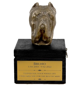 Mâtin napolitain, Mâtin de Naples, Napolitain - une urne avec une gravure et une sculpture de chien, un dernier adieu, un produit fait à la main de la marque Art-Dog