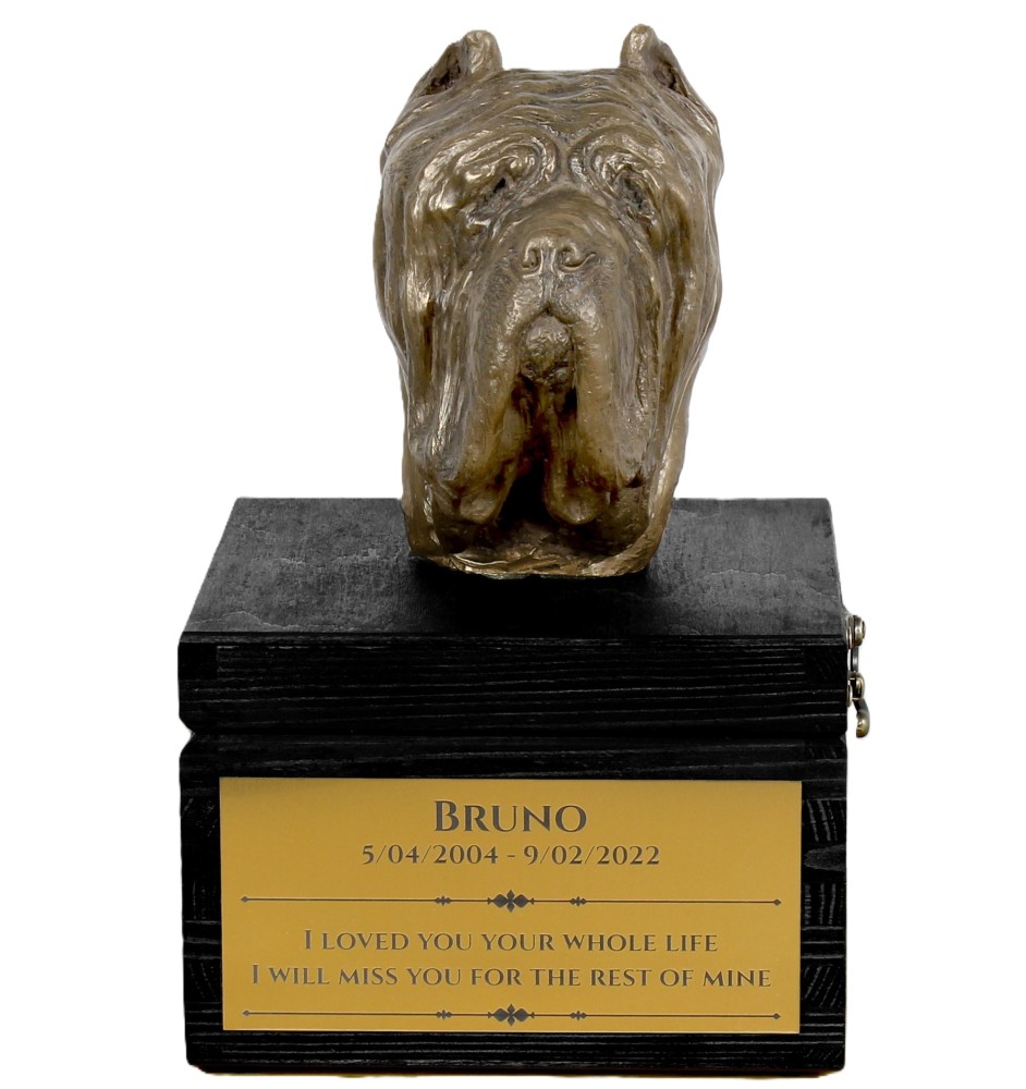 Neapolitan Mastiff, Mastino Napoletano - an urn with an engraving and a sculpture of a dog, a handmade product by the Art-Dog brand.