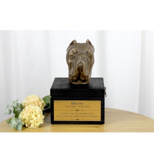 Mâtin napolitain, Mâtin de Naples, Napolitain - une urne avec une gravure et une sculpture de chien, un dernier adieu, un produit fait à la main de la marque Art-Dog
