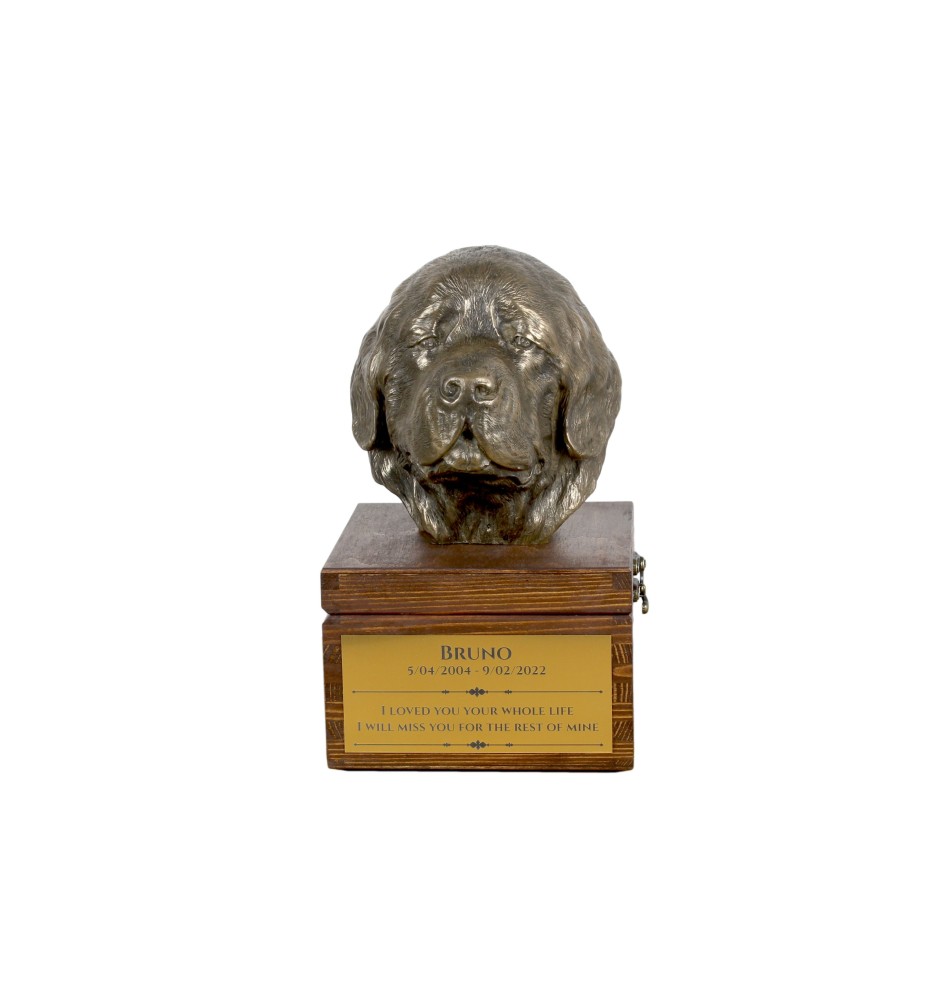 Chien de Terre-neuve, retriever de Terre-Neuve - urne pour les cendres du chien avec une statuette, petite urne pour chien, urne personnalisée avec le buste du chien de la marque Art-Dog