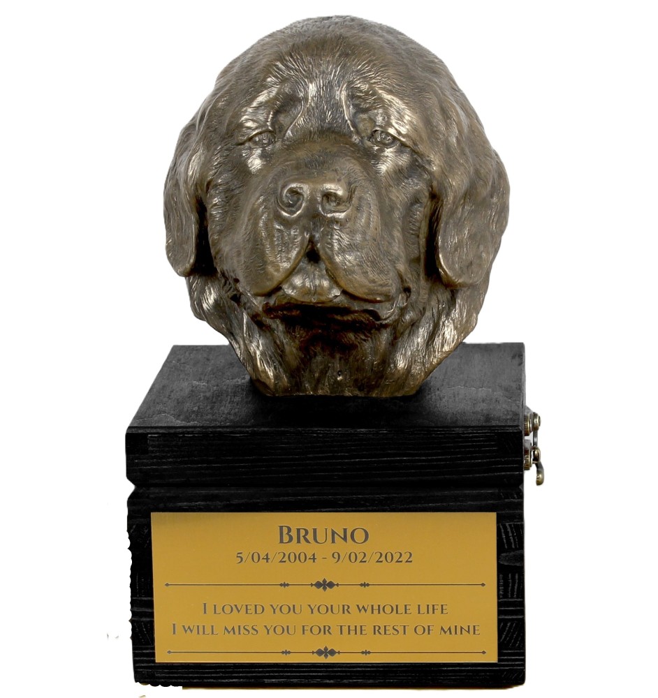 Neufundländer, Newfoundland - eine Urne mit Gravur und Hundeskulptur, letzter Abschied, handgefertigtes Produkt der Marke Art-Dog