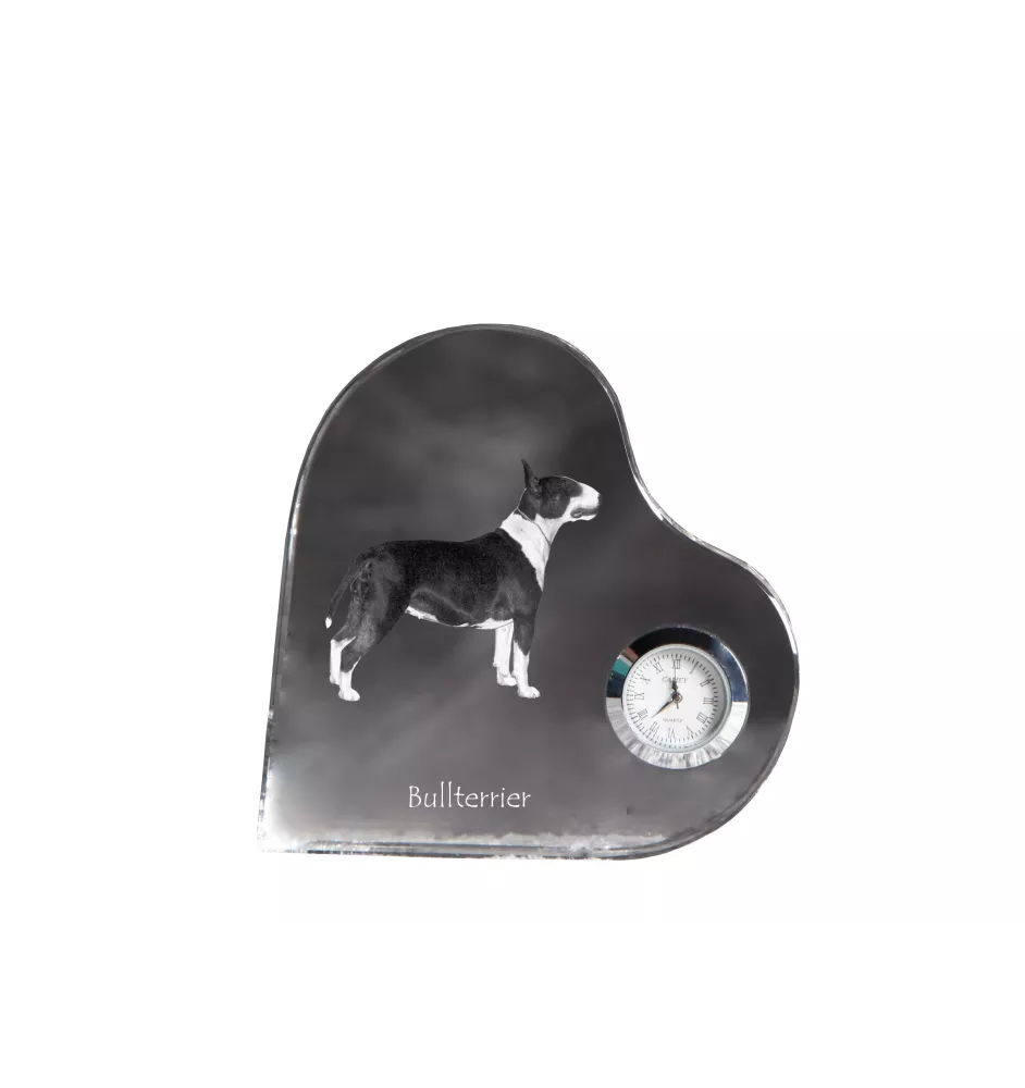Bull Terrier, Bully - crystal clock with a dog picture, heart-shaped shelf clock, personalized standing clock by Art-Dog brand