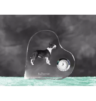Bull Terrier, Bullterrier - Kristalluhr mit einem Hundebild, Herzregal-Uhr, personalisierte Standuhr der Marke Art-Dog