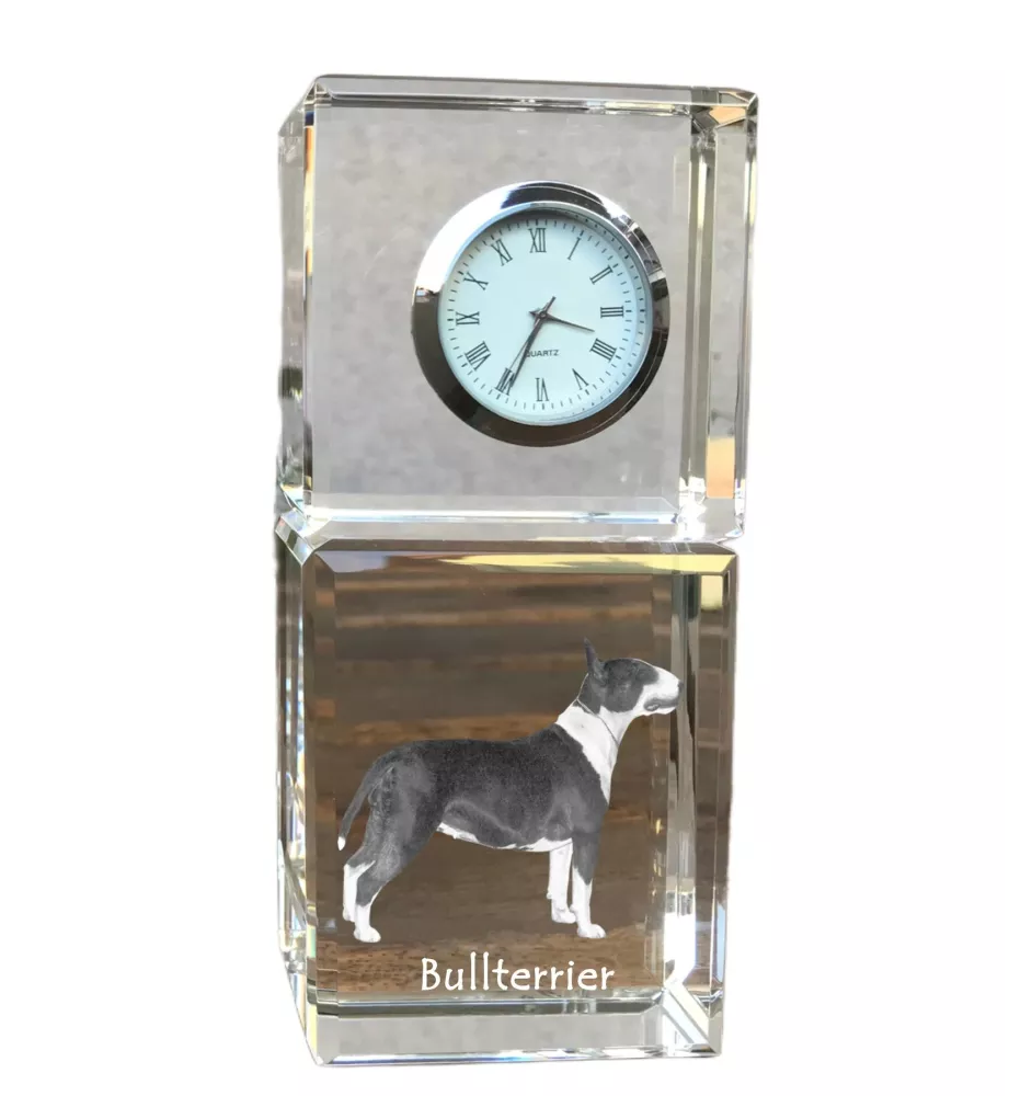 Bull Terrier, Bully - crystal clock with a photo, a photo of a dog in crystal, personalized desk clock by Art-Dog brand