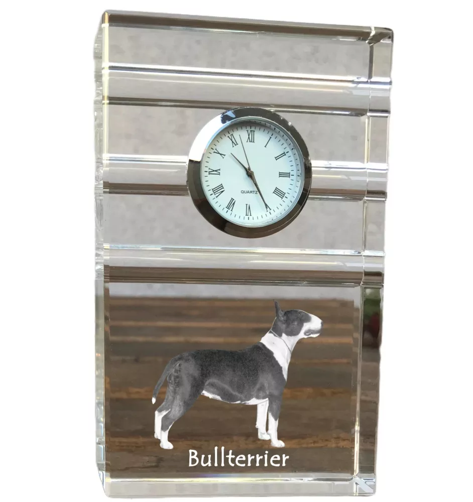 Bull Terrier - une horloge en verre avec une photo, une photo de chien dans un cristal, une horloge de bureau personnalisée de la marque Art-Dog