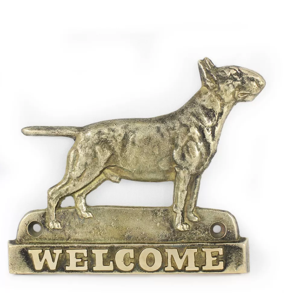 Bull Terrier, Bully - a door sign with a dog, a brass welcome plaque, a unique sign with the inscription Welcome from the Art-Dog brand