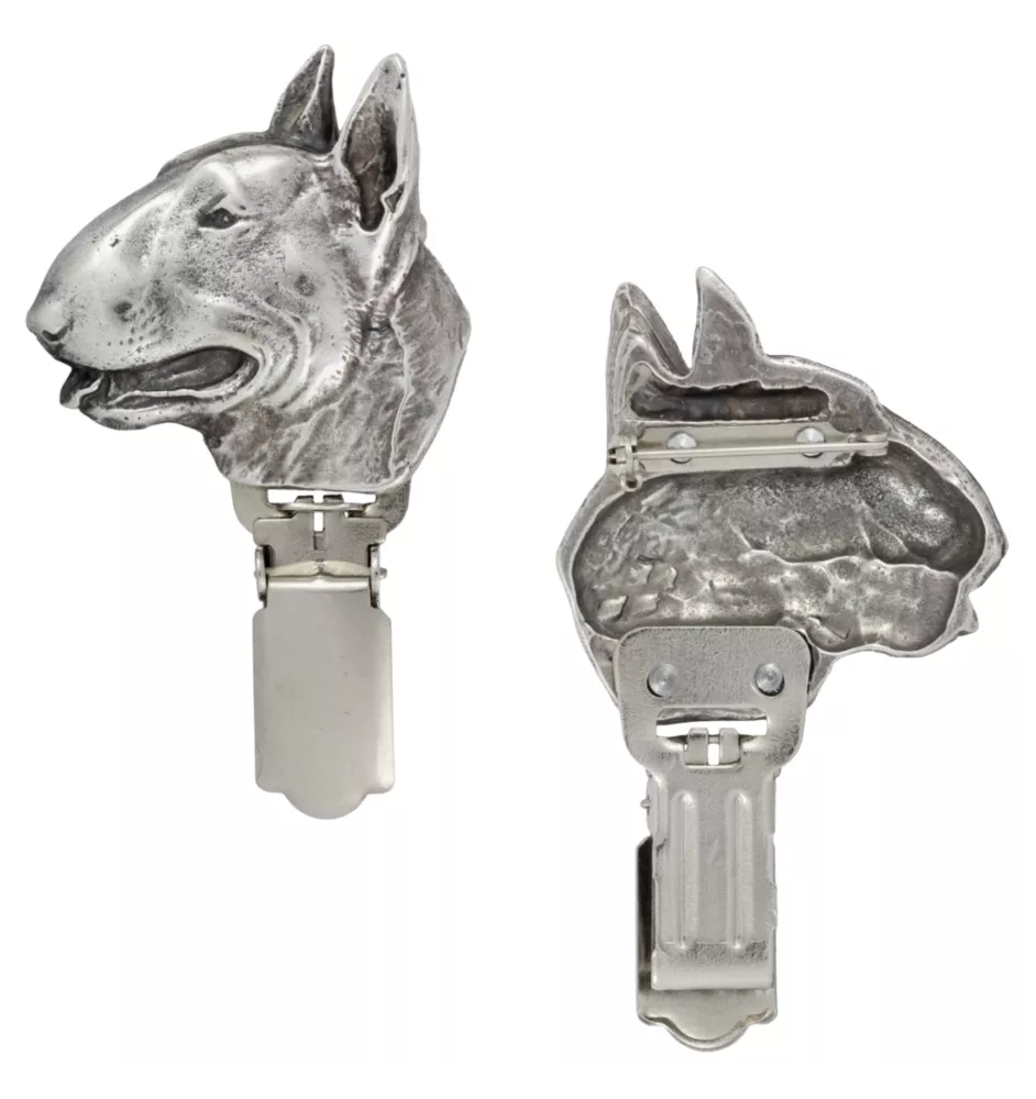 Bull Terrier, Bullterrier - Brosche mit Clip, Startnummernhalter, versilberte Anstecknadel für Hundeausstellungen der Marke Art-Dog