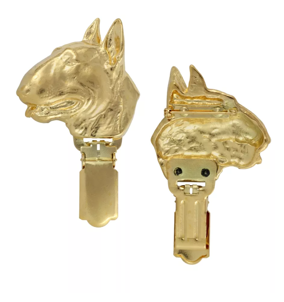 Bull Terrier, Bully - brooch with a clip, gold-plated holder for a race number, elegant dog show pin from Art-Dog brand