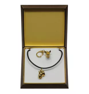 Bull Terrier I - porte-clés et collier avec chien dans une boîte, produit plaqué or de haute qualité, marque Art-Dog