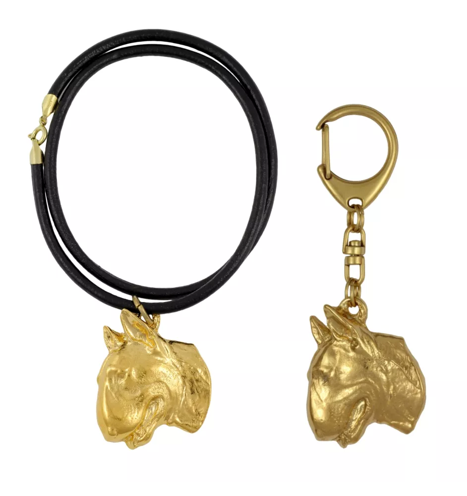 Bull Terrier II - porte-clés et collier avec chien dans une boîte, produit plaqué or de haute qualité, marque Art-Dog