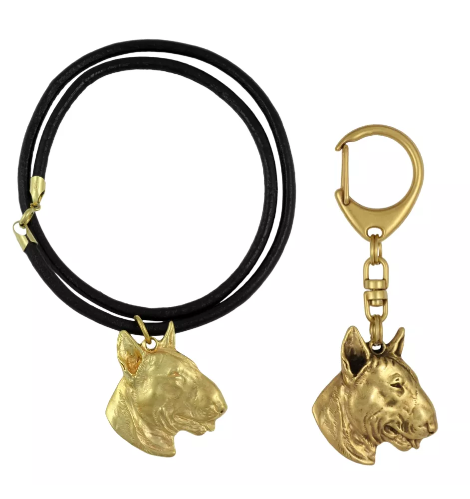 Bull Terrier III - porte-clés et collier avec chien dans une boîte, produit plaqué or de haute qualité, marque Art-Dog