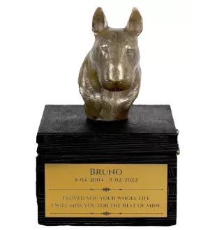 Bull Terrier, Bullterrier IV - eine Urne mit Gravur und Hundeskulptur, letzter Abschied, handgefertigtes Produkt der Marke Art-Dog