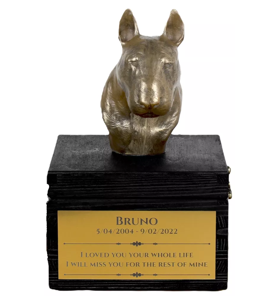 Bull Terrier, Bullterrier IV - eine Urne mit Gravur und Hundeskulptur, letzter Abschied, handgefertigtes Produkt der Marke Art-Dog