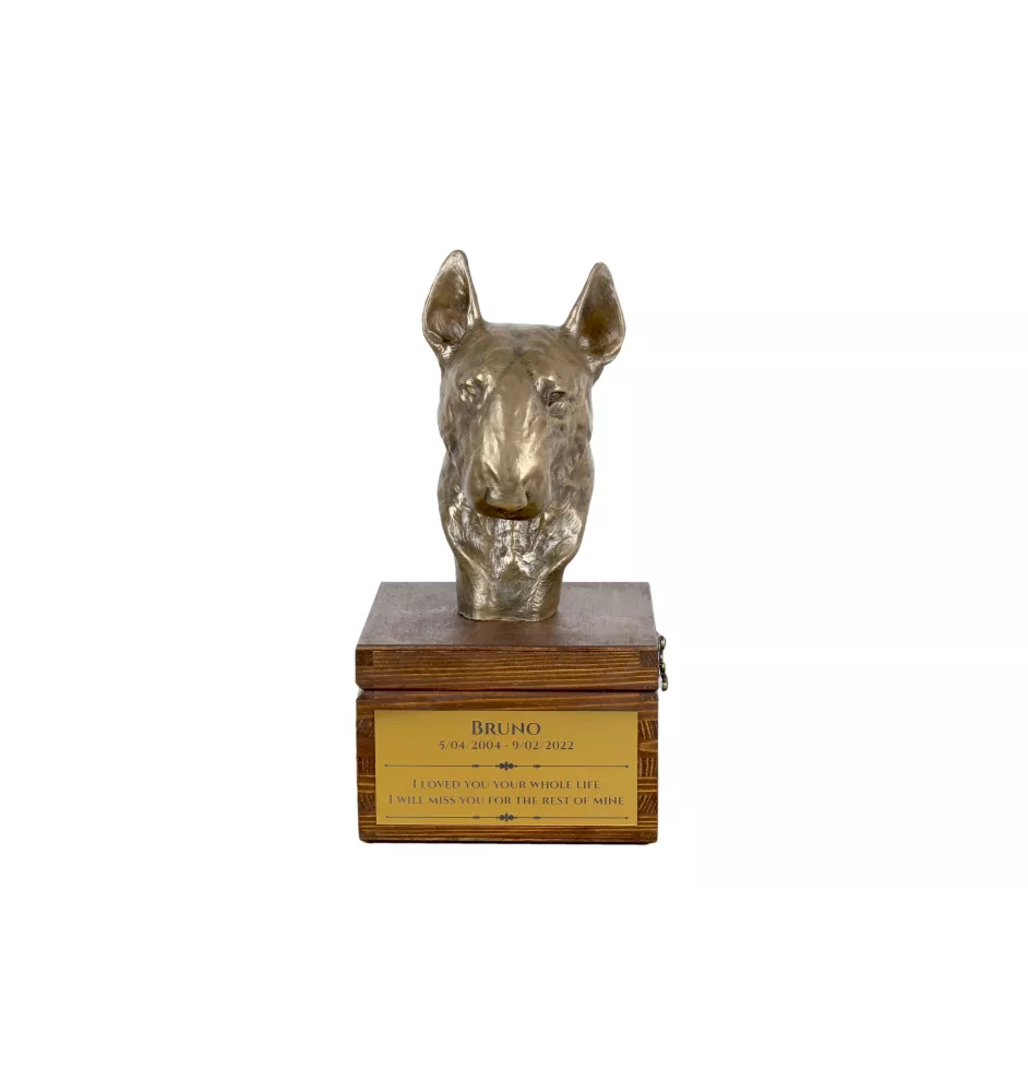 Bull Terrier, Bullterrier IV - Eine Ascheurne für Hunde mit einer Statuette, eine kleine Urne für Hunde, eine personalisierte Urne mit dem Porträt eines Hundes von der Marke Art-Dog.