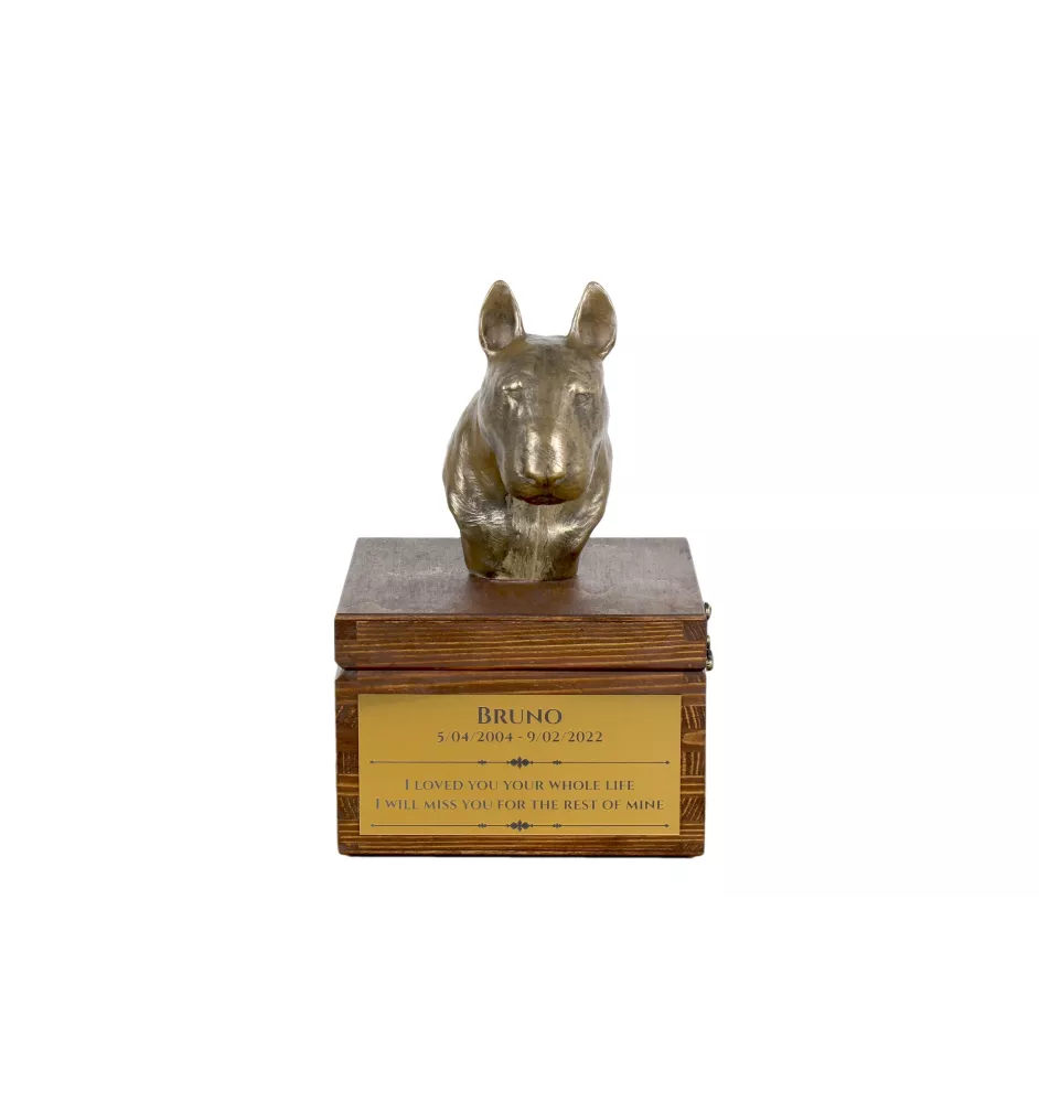 Bull Terrier, Bullterrier - Eine Ascheurne für Hunde mit einer Statuette, eine kleine Urne für Hunde, eine personalisierte Urne mit dem Porträt eines Hundes von der Marke Art-Dog.