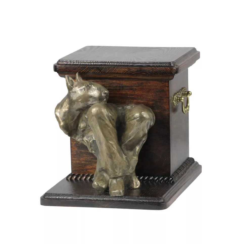 Bull Terrier, Bullterrier I - Eine Urne für die Asche eines Hundes mit einer Statuette, eine elegante Urne für einen Hund, eine außergewöhnliche Urne mit dem Porträt eines Hundes von der Marke Art-Dog