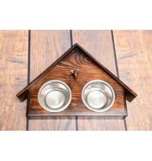 Bull Terrier, Bully I - wooden stand with bowls for a dog, decorative dog bowls, a gift for adopting a dog from the Art-Dog brand