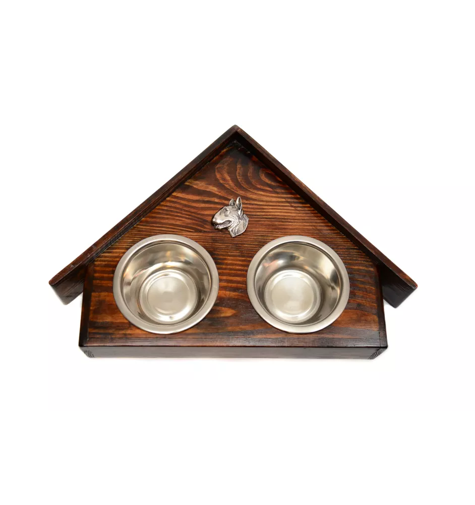 Bull Terrier, Bully II - wooden stand with bowls for a dog, decorative dog bowls, a gift for adopting a dog from the Art-Dog brand