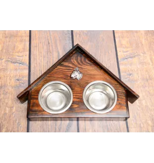 Bull Terrier, Bully II - wooden stand with bowls for a dog, decorative dog bowls, a gift for adopting a dog from the Art-Dog brand