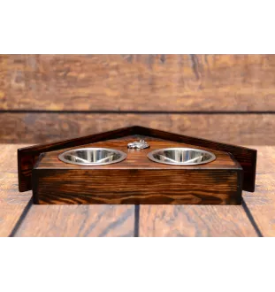 Bull Terrier, Bully II - wooden stand with bowls for a dog, decorative dog bowls, a gift for adopting a dog from the Art-Dog brand