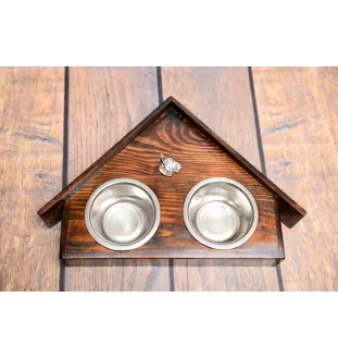Bull Terrier, Bully III - wooden stand with bowls for a dog, decorative dog bowls, a gift for adopting a dog from the Art-Dog brand