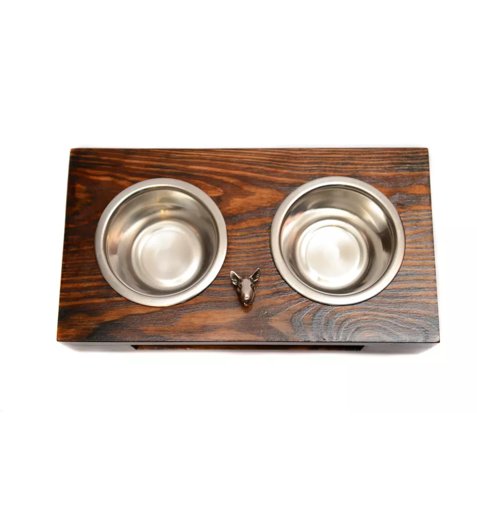 Bull Terrier, Bully I - wooden stand with bowls for a dog, steel dog bowls, a gift for adopting a dog from the Art-Dog brand