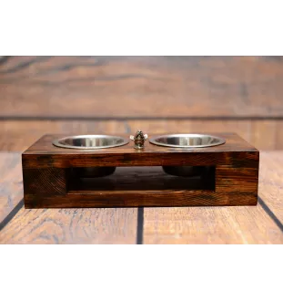 Bull Terrier, Bully I - wooden stand with bowls for a dog, steel dog bowls, a gift for adopting a dog from the Art-Dog brand