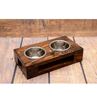 Bull Terrier, Bully I - wooden stand with bowls for a dog, steel dog bowls, a gift for adopting a dog from the Art-Dog brand
