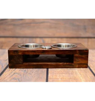 Bull Terrier, Bully II - wooden stand with bowls for a dog, steel dog bowls, a gift for adopting a dog from the Art-Dog brand