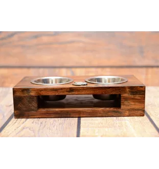 Bull Terrier, Bully III - wooden stand with bowls for a dog, steel dog bowls, a gift for adopting a dog from the Art-Dog brand