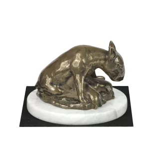 Bull Terrier, Bully II - dog figurine, statue on white marble, trophy for Art-Dog dog show exhibition