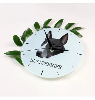 Bull Terrier, Bullterrier - geometrische Wanduhr mit Bild und Aufschrift der Marke Art-Dog