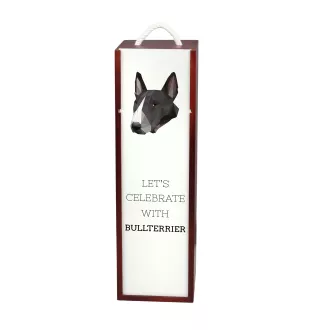 Bull Terrier, Bullterrier - geometrische Box mit einem Bild und Schriftzug für Wein der Marke Art-Dog