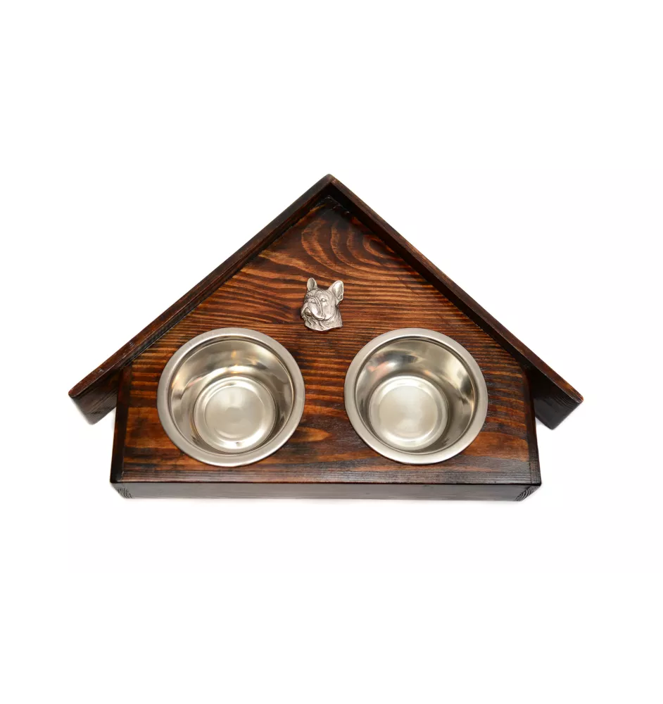 French Bulldog, Frenchie II - wooden stand with bowls for a dog, decorative dog bowls, a gift for adopting a dog from the Art-Dog brand