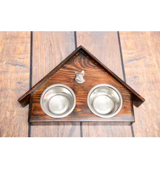 French Bulldog, Frenchie II - wooden stand with bowls for a dog, decorative dog bowls, a gift for adopting a dog from the Art-Dog brand