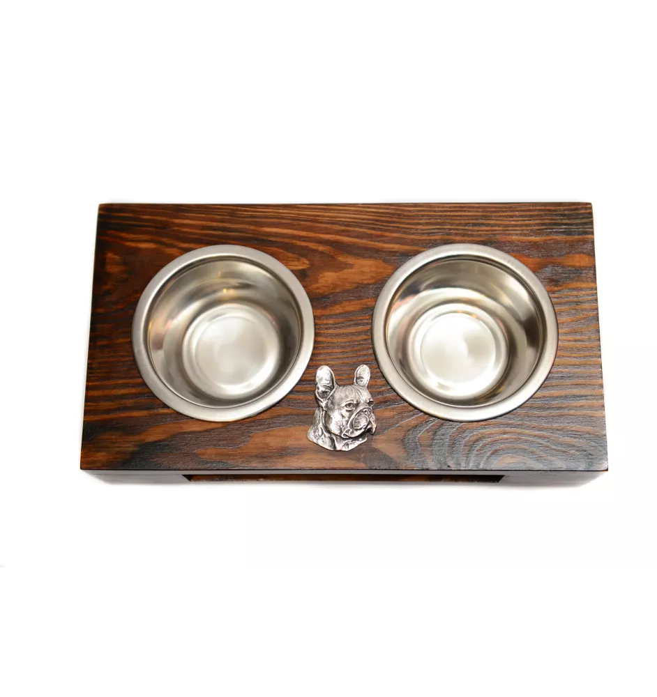 French Bulldog, Frenchie I - wooden stand with bowls for a dog, steel dog bowls, a gift for adopting a dog from the Art-Dog brand