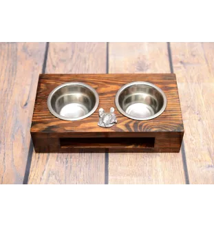 French Bulldog, Frenchie I - wooden stand with bowls for a dog, steel dog bowls, a gift for adopting a dog from the Art-Dog brand